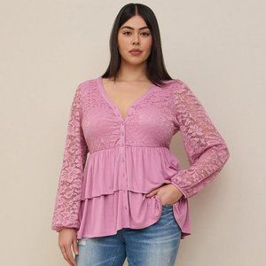TORRID NWT LILAC PURPLE BABYDOLL LACE SUPER SOFT MIX TIERED BUTTON-DOWN TOP
